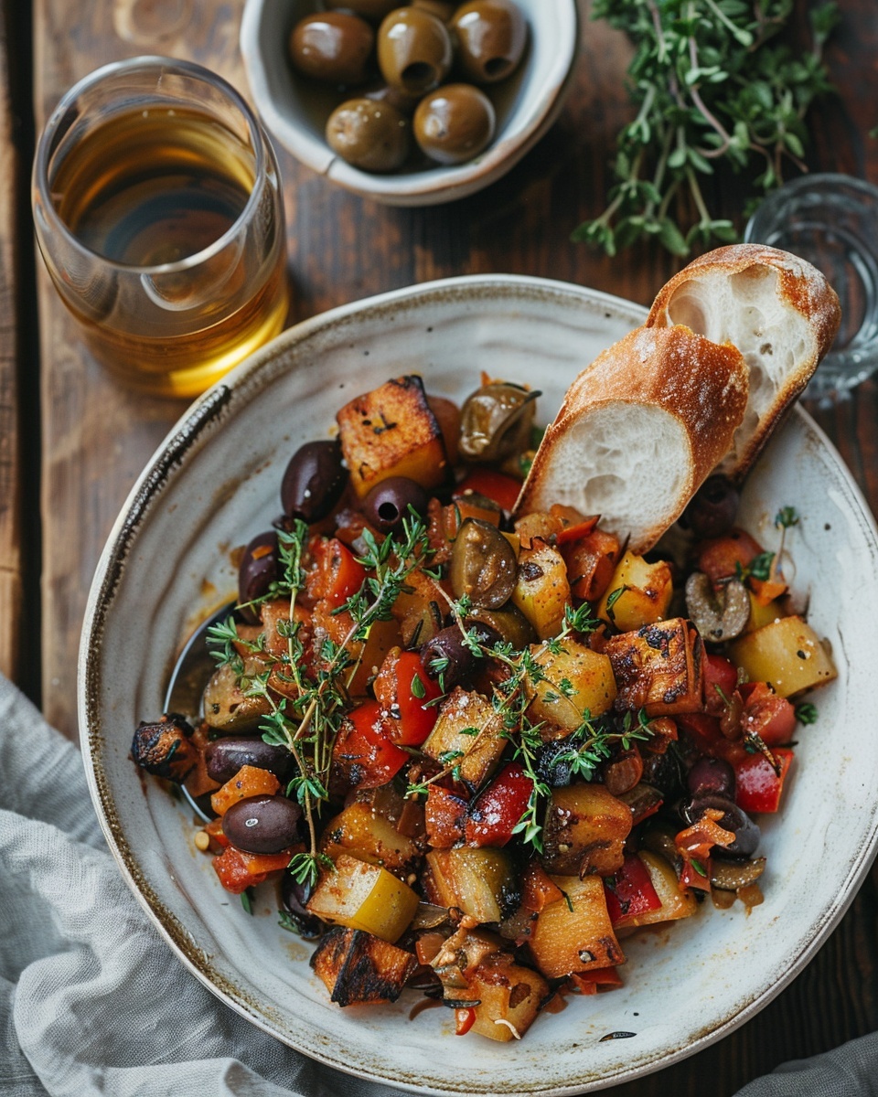 Ratatouille uit de oven met tijm en olijven