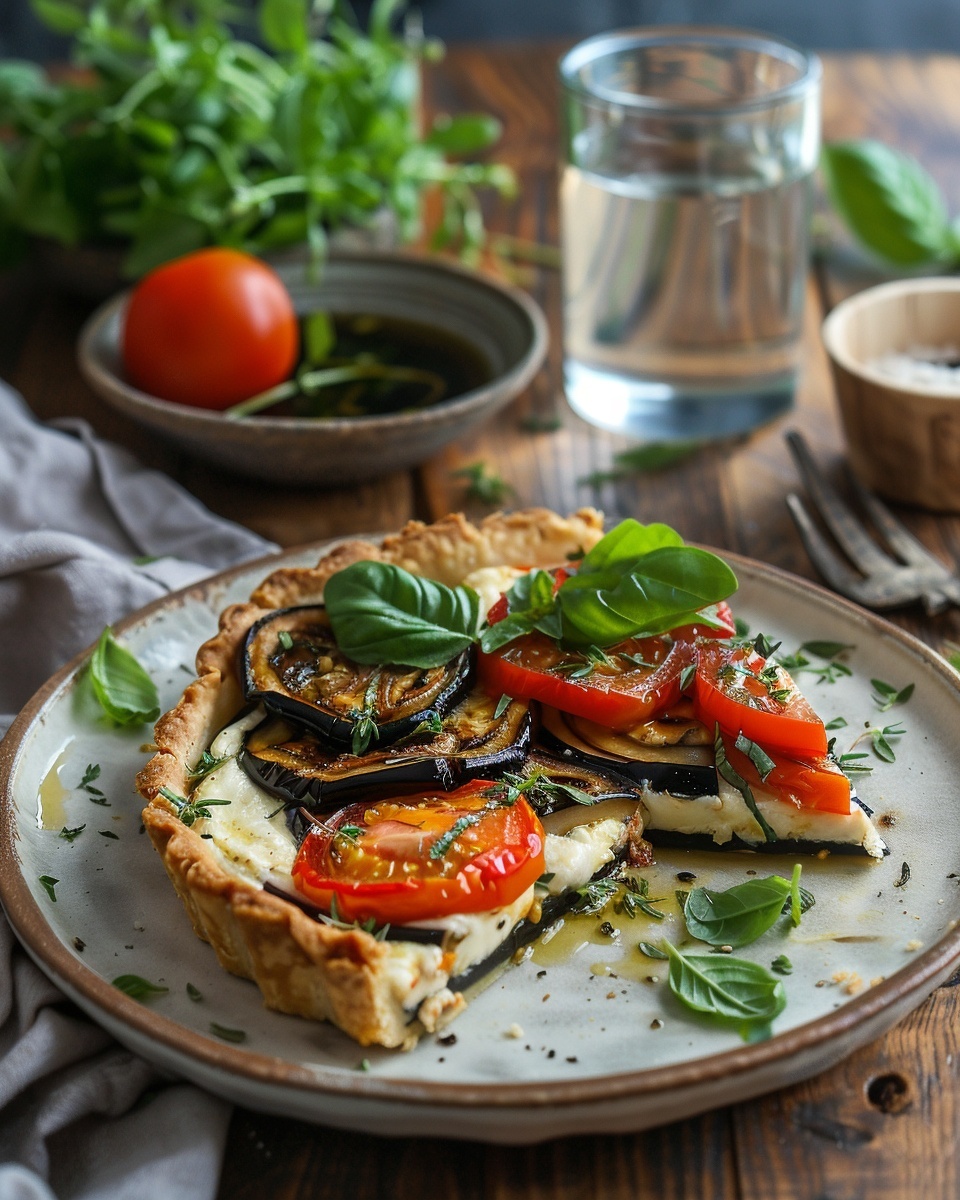 Taart met aubergine, tomaat en mozzarella