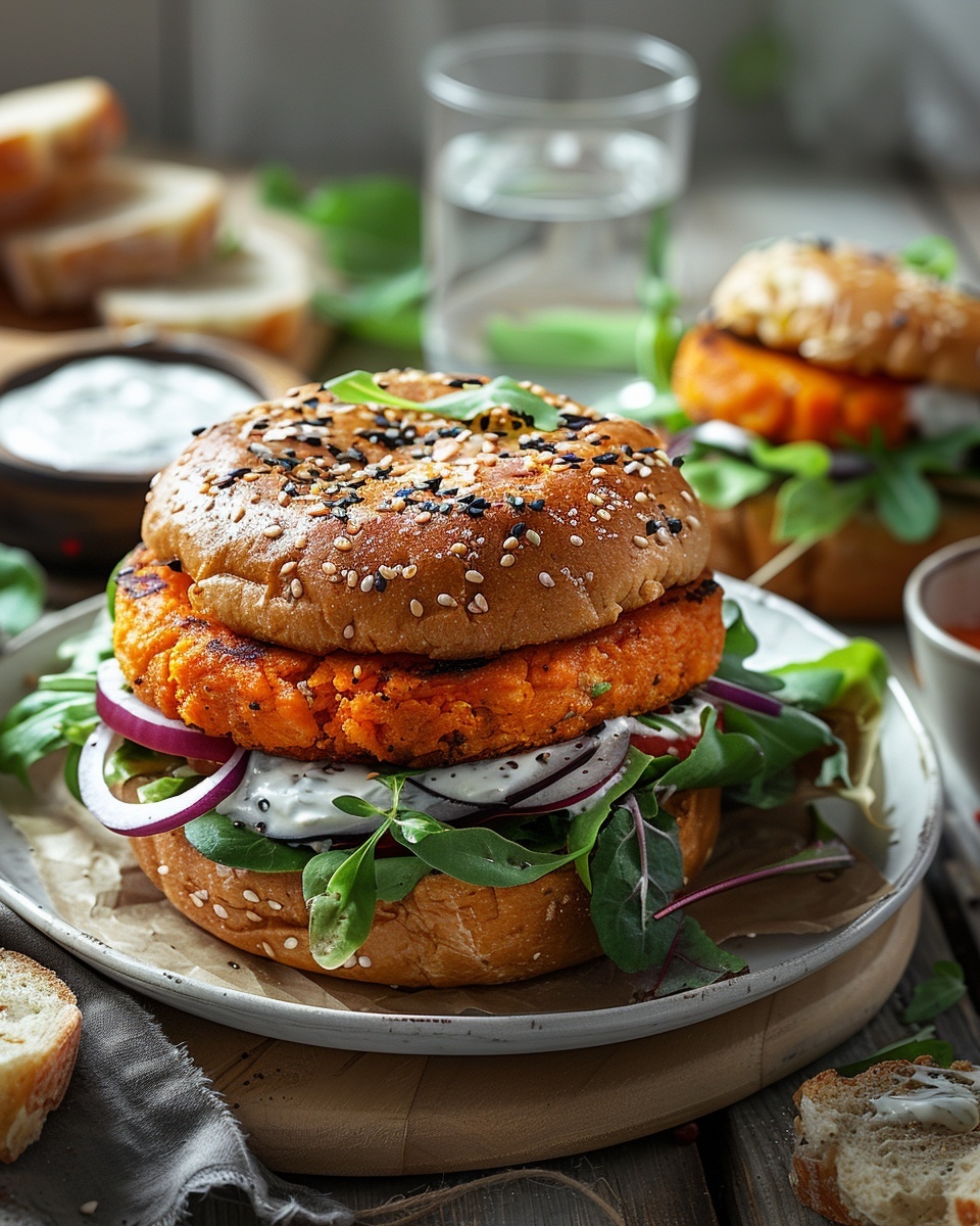 Zoete aardappel-burgers met salade en yoghurtsaus