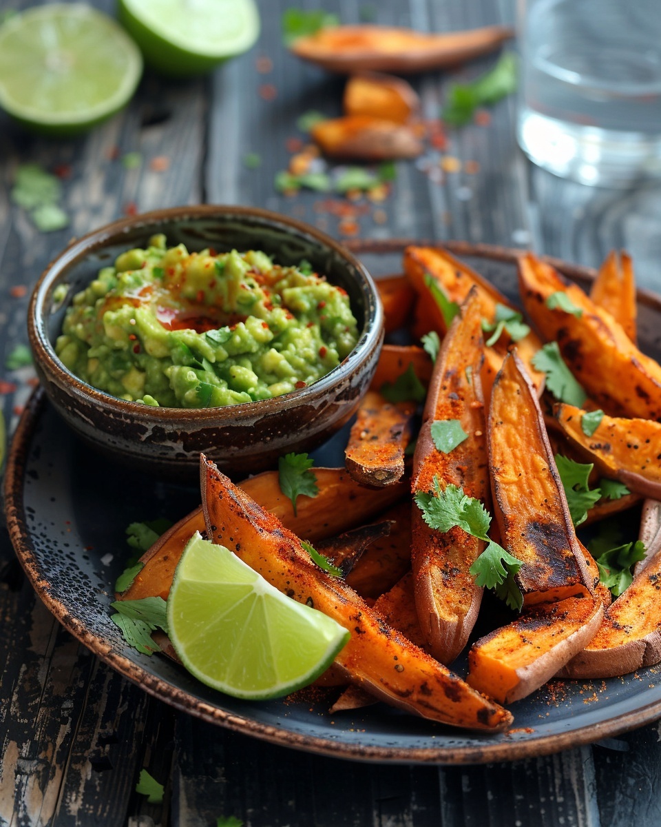 Zoete aardappel wedges met guacamole dip