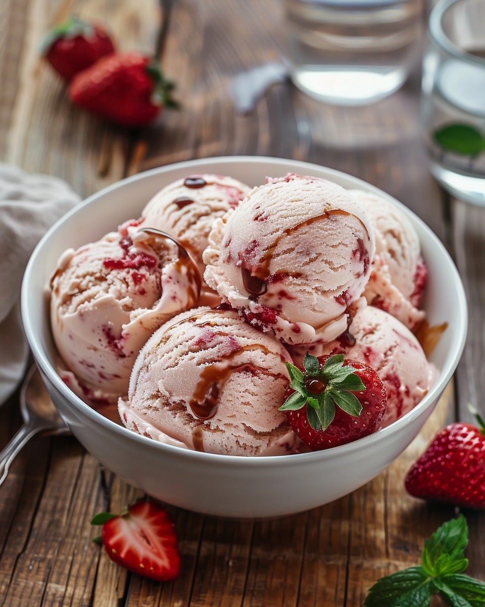 Aardbei-ijs met balsamico en zilte karamel