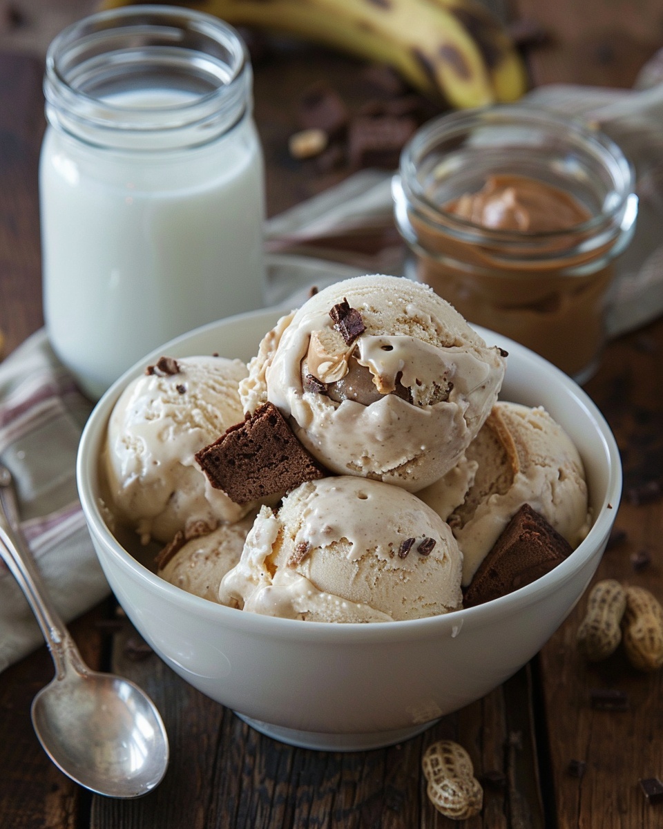 Banaan-ijs met pindakaas en stukjes brownie