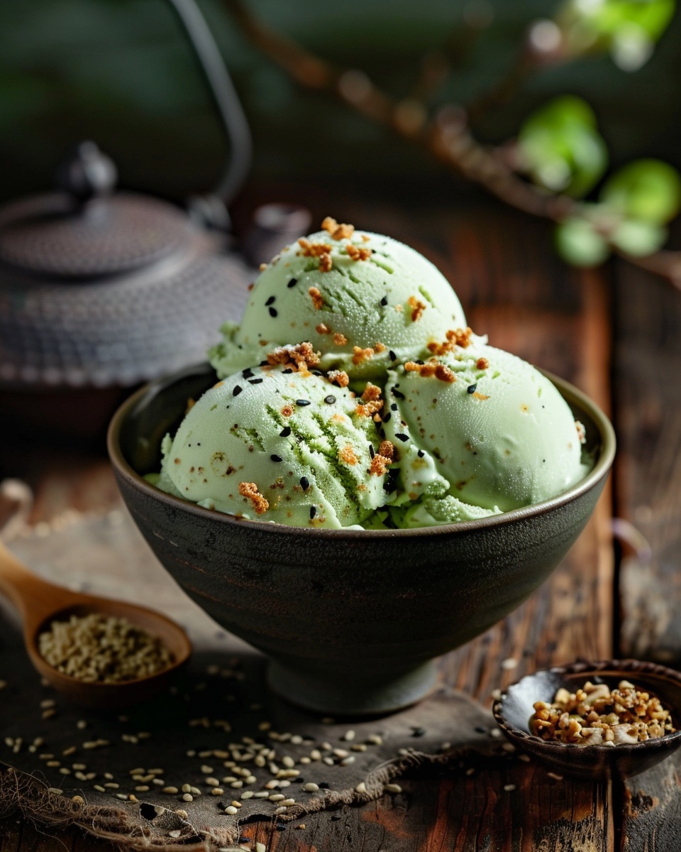 Groene thee-ijs met sesam krokant