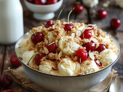 Heerlijk recept voor Vanille-ijs met warme kersen en amandelcrumble