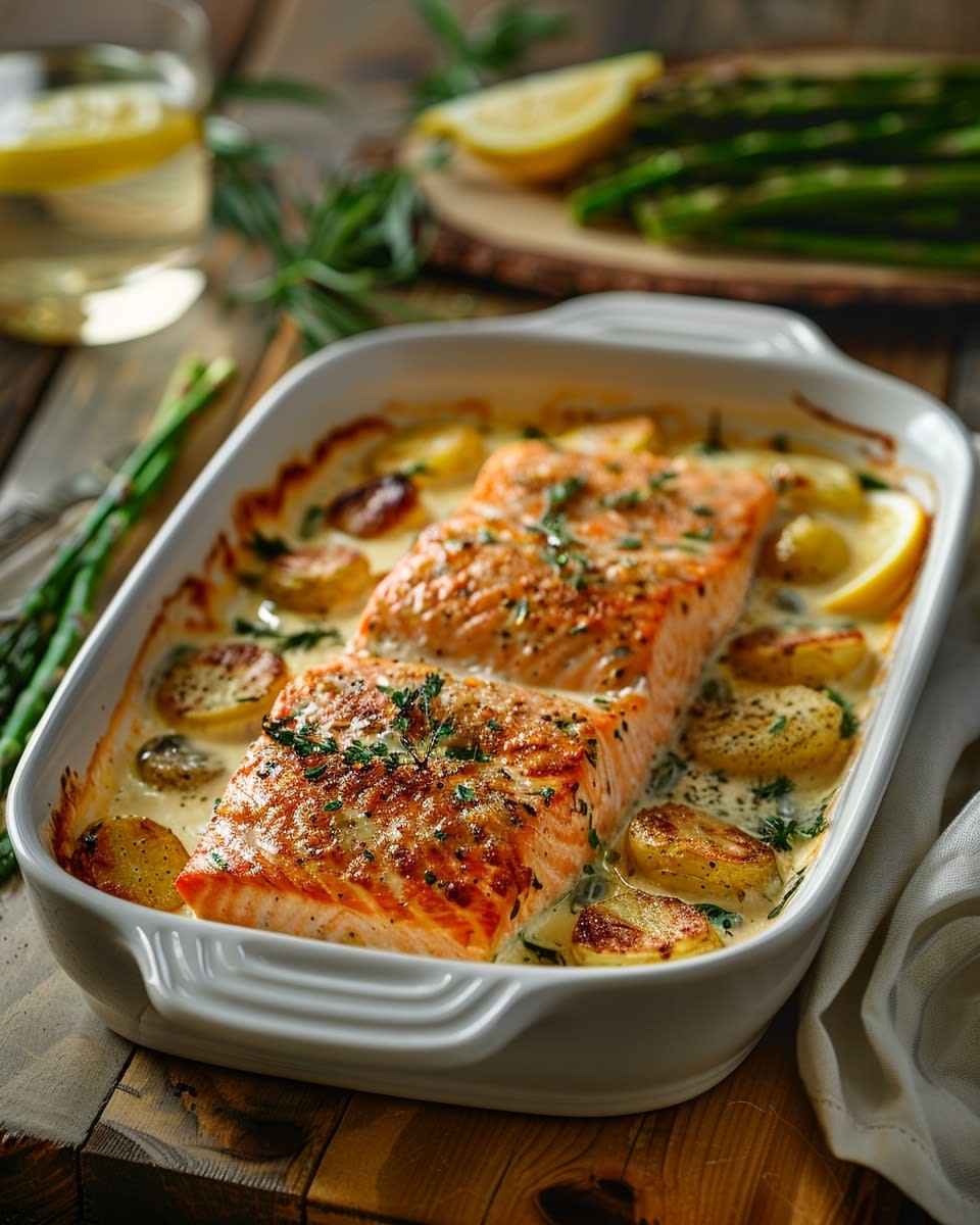 Ovenschotel met zalm en roomsaus