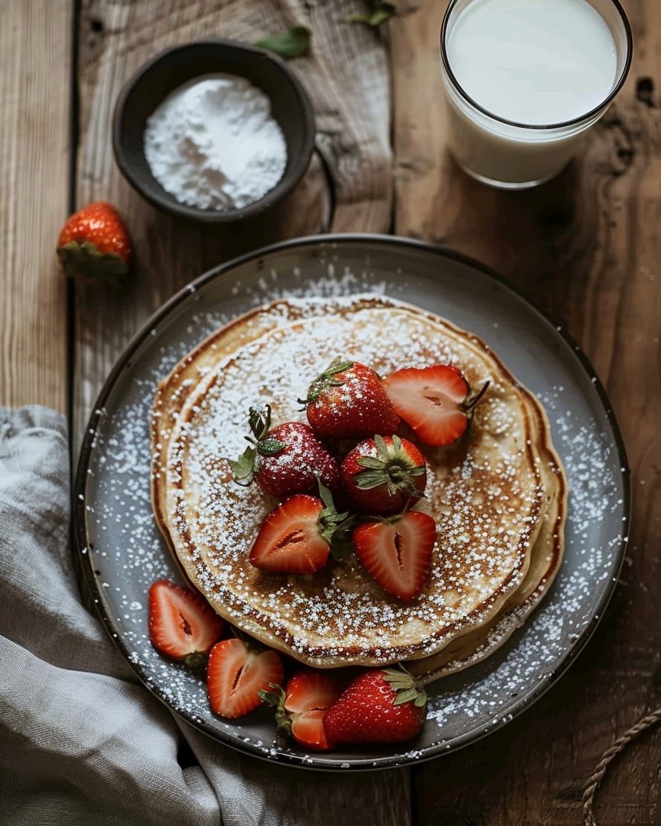 Pannenkoeken met aardbeien en poedersuiker