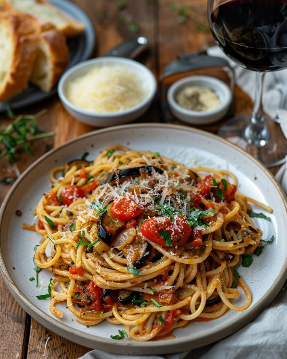 Pasta met aubergine en tomaat