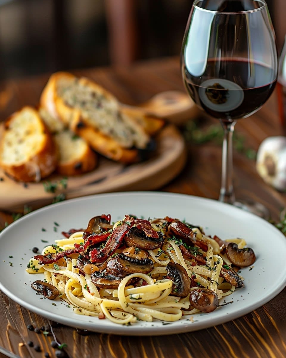 Pasta met champignons en spek