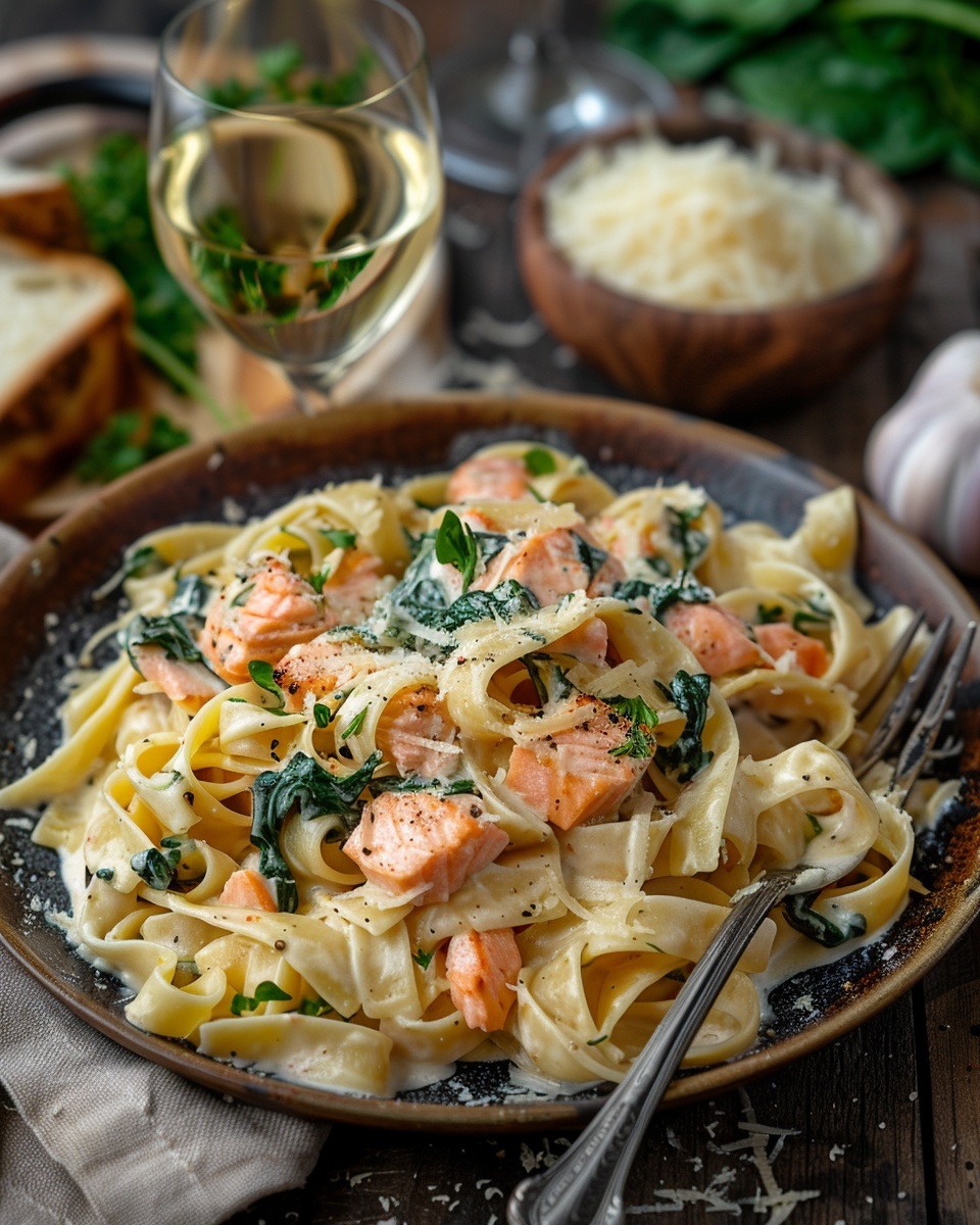 Pasta met zalm en spinazie roomsaus