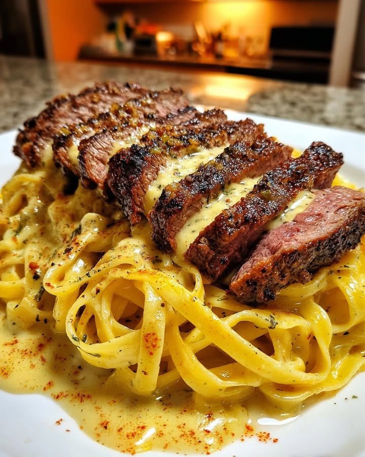 Kaasige Knoflook Steak Linguine