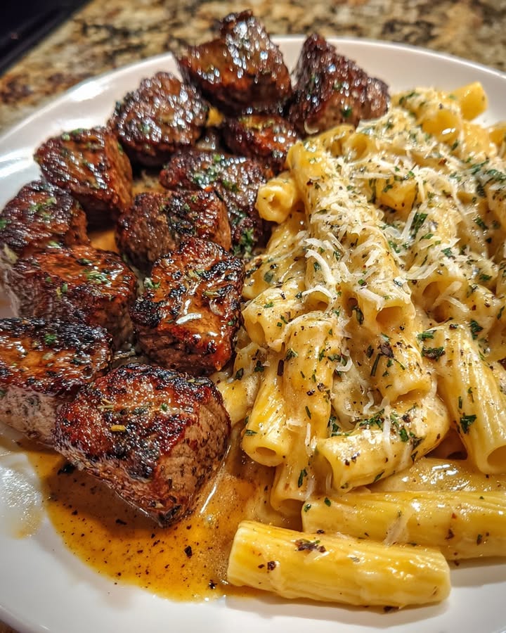 Knoflook Parmezaan Steak Penne