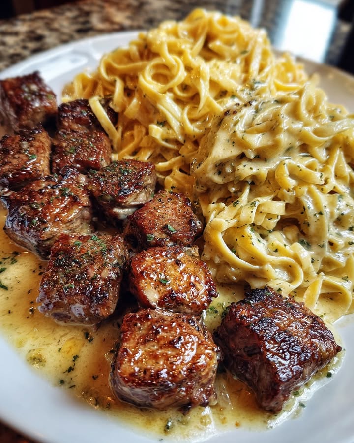 Knoflookboter Steak Linguine