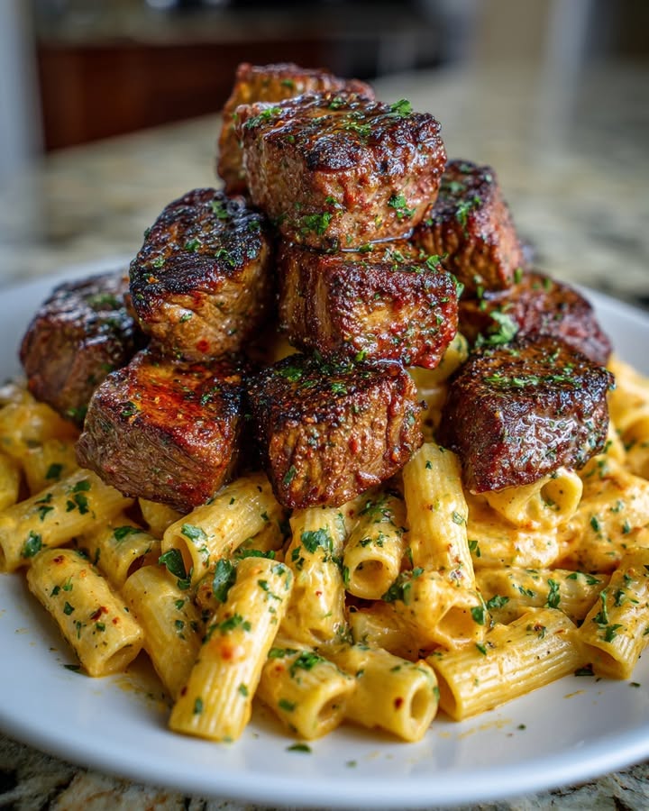 Knoflookboter Steakbites Pasta