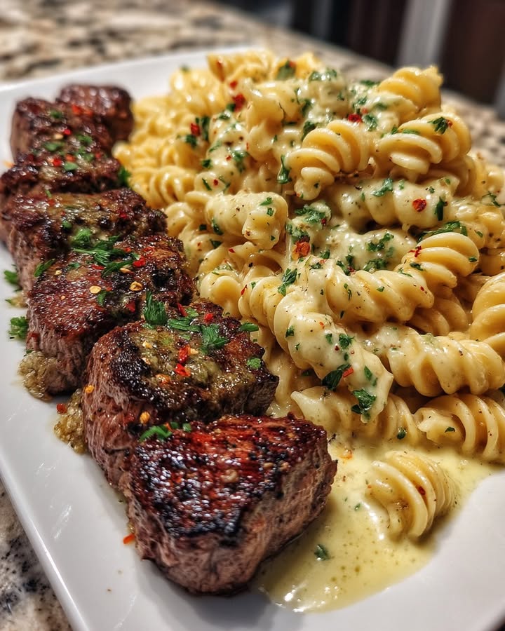 Knoflookboter Steakbites Pasta