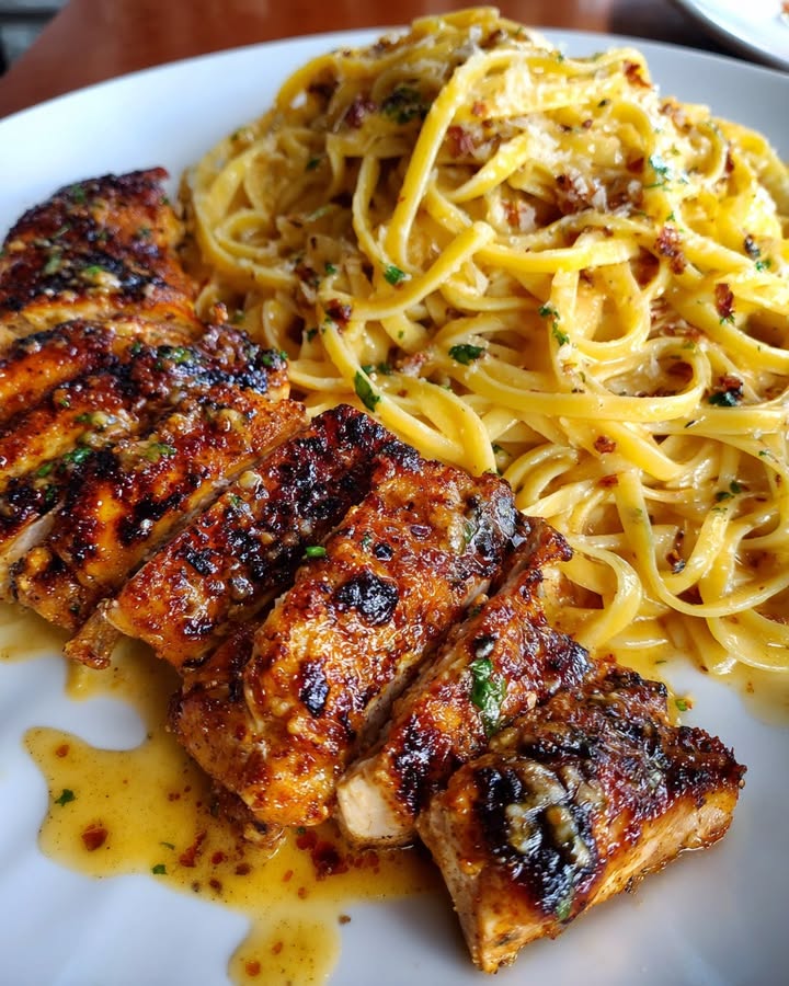 Kruidige Knoflookkip Linguine