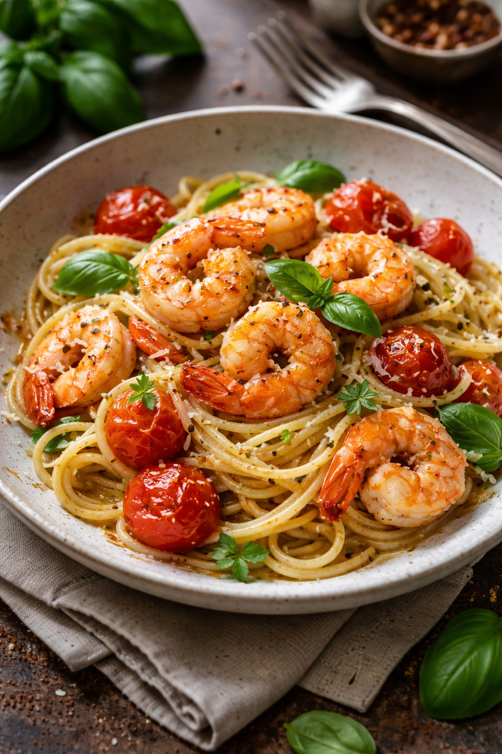 Pasta met garnalen en tomaat