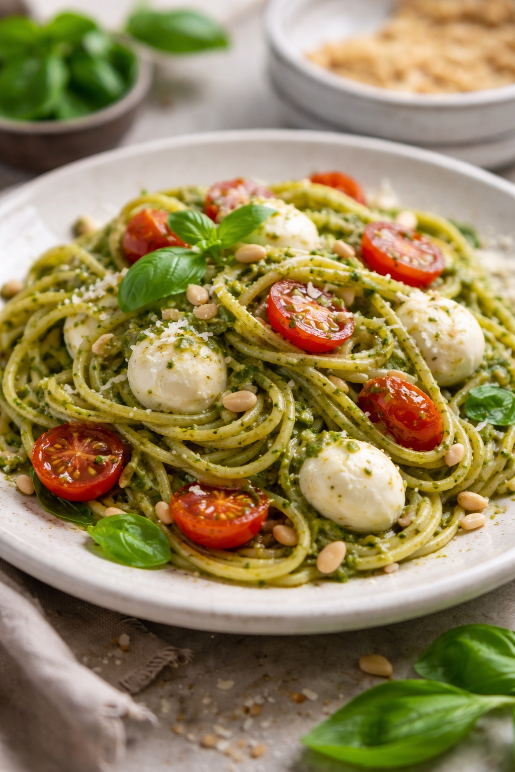 Pasta met pesto en mozzarella