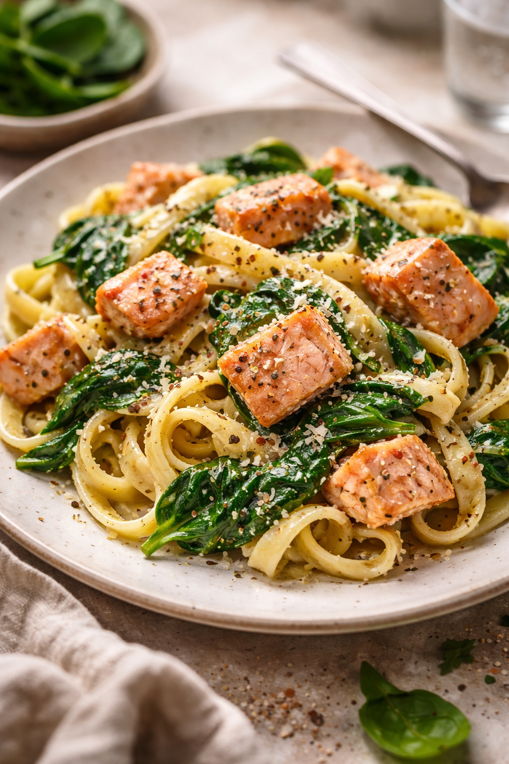 Pasta met zalm en spinazie