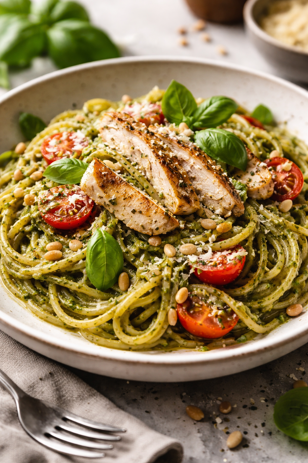 Pasta pesto met kip
