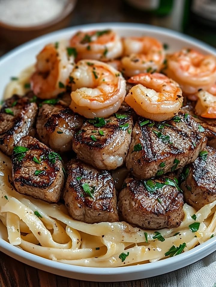 Zwarte Steak Garnalen Alfredo
