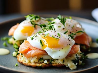Heerlijk Zalm Poché Eieren Met Knapperige Aardappelkoekjes