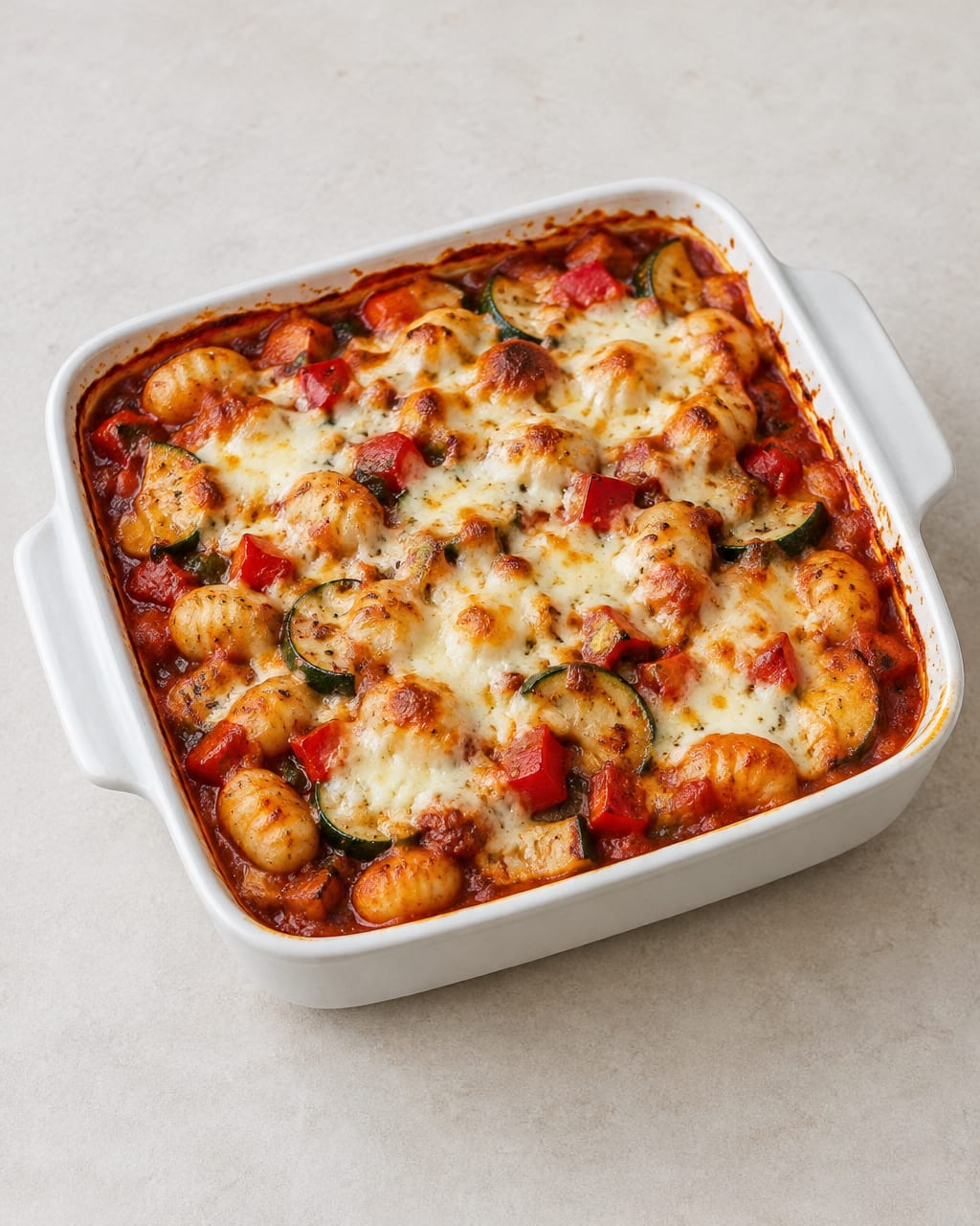 Gnocchi ovenschotel met courgette, paprika, tomatensaus en goudbruine mozzarella in een ovenschaal.