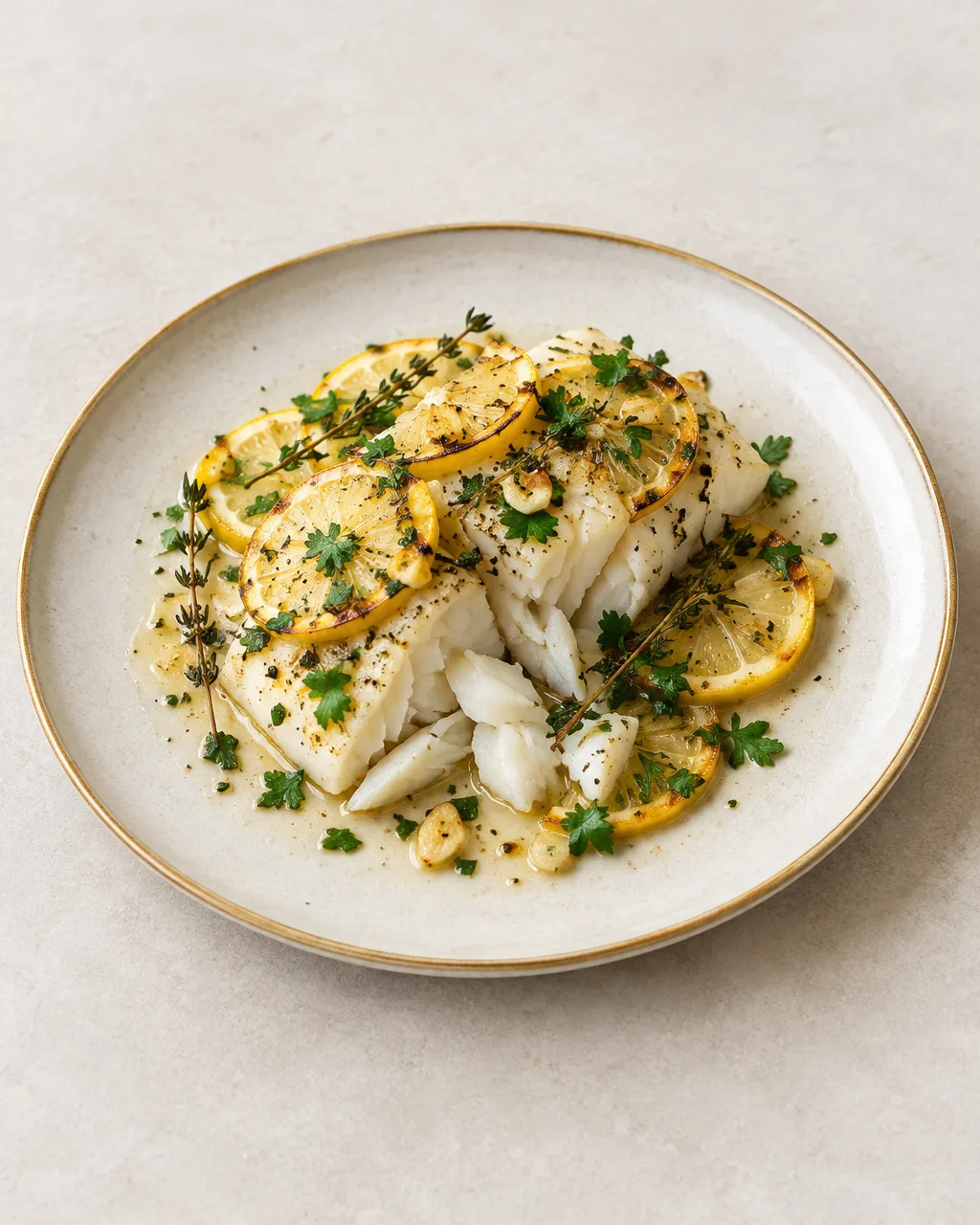 Kabeljauwfilets uit de oven met citroenplakken, knoflook, tijm en peterselie op borden.