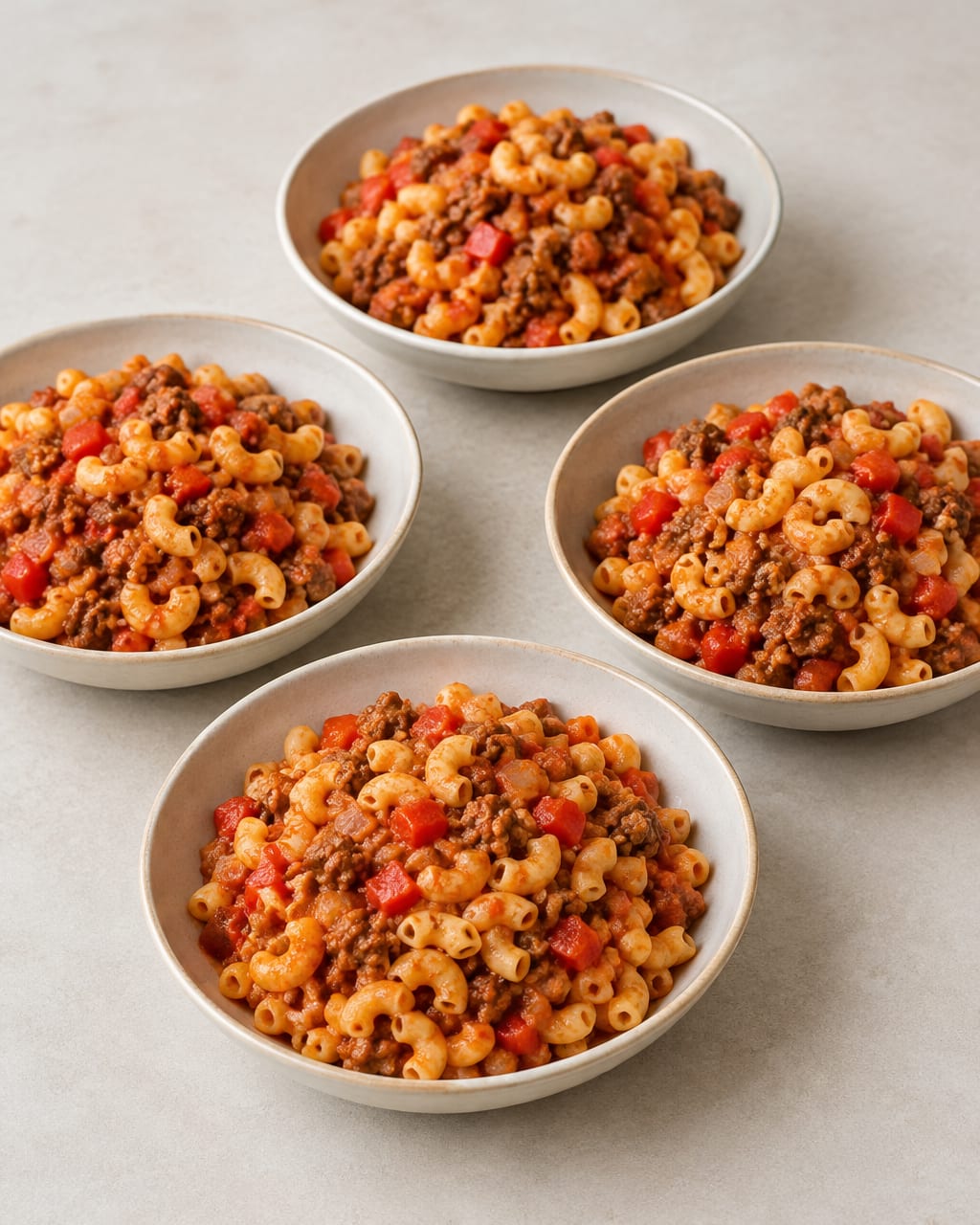 Een bord korte macaroni met rul gehakt in tomatensaus, met stukjes paprika en ui.